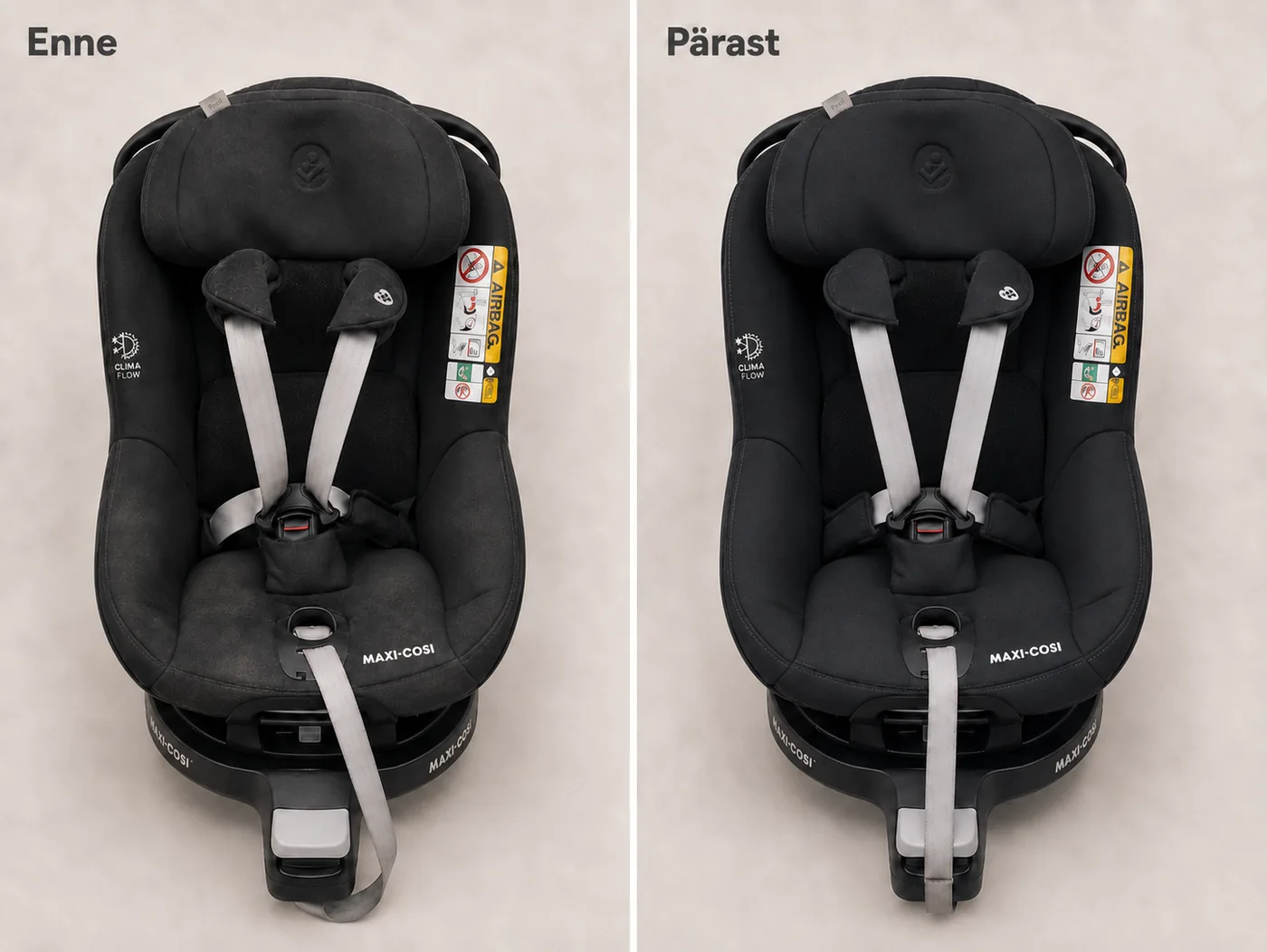 Maxi-Cosi turvatool enne ja pärast puhastust